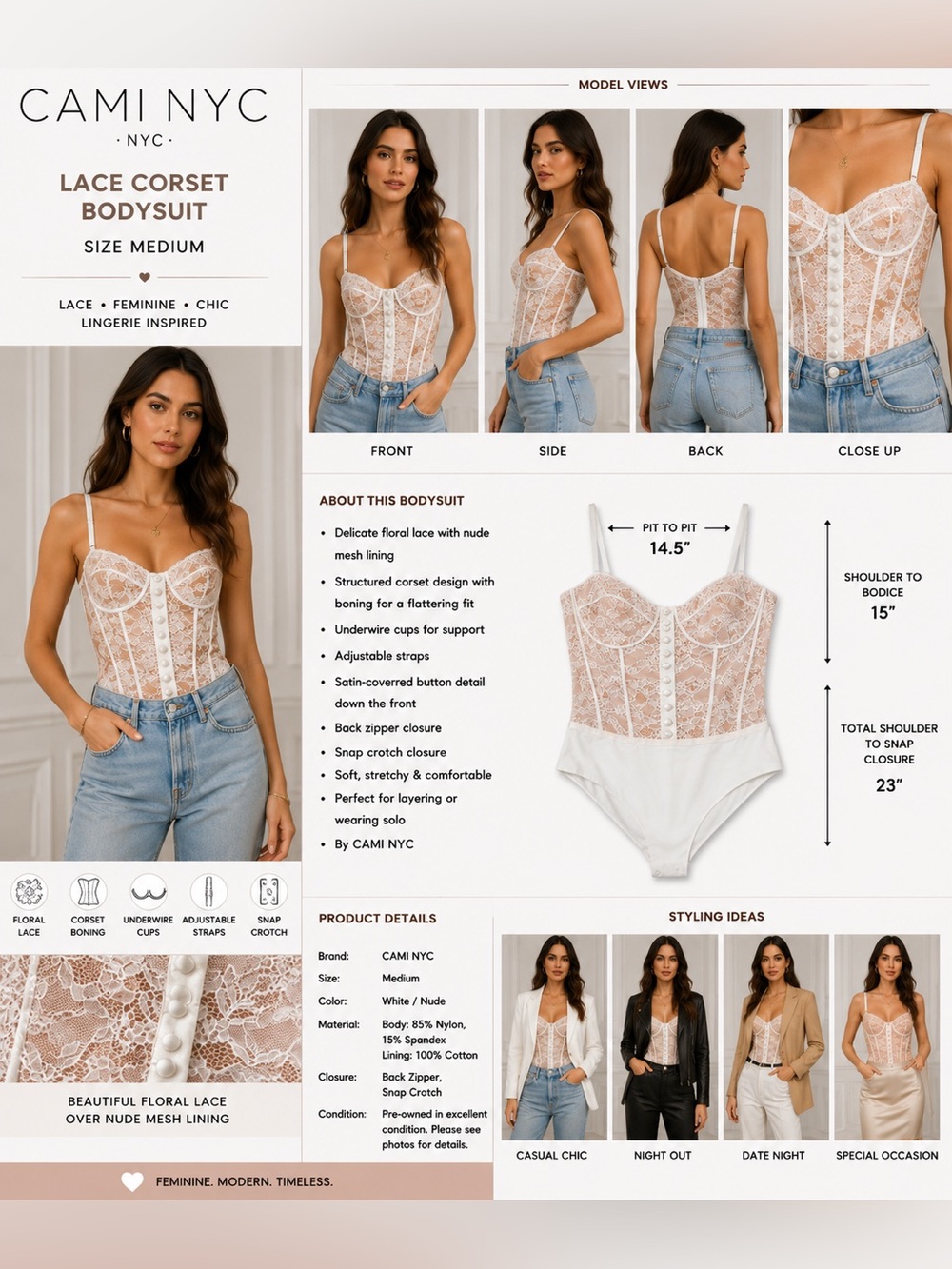 CAMI NYC Lace Corset Bodysuit Medium White Nude Bustier Teddy Snap Crotch